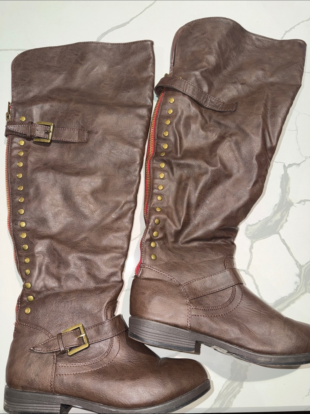 Classic Brown Studded Knee-High Riding Boots